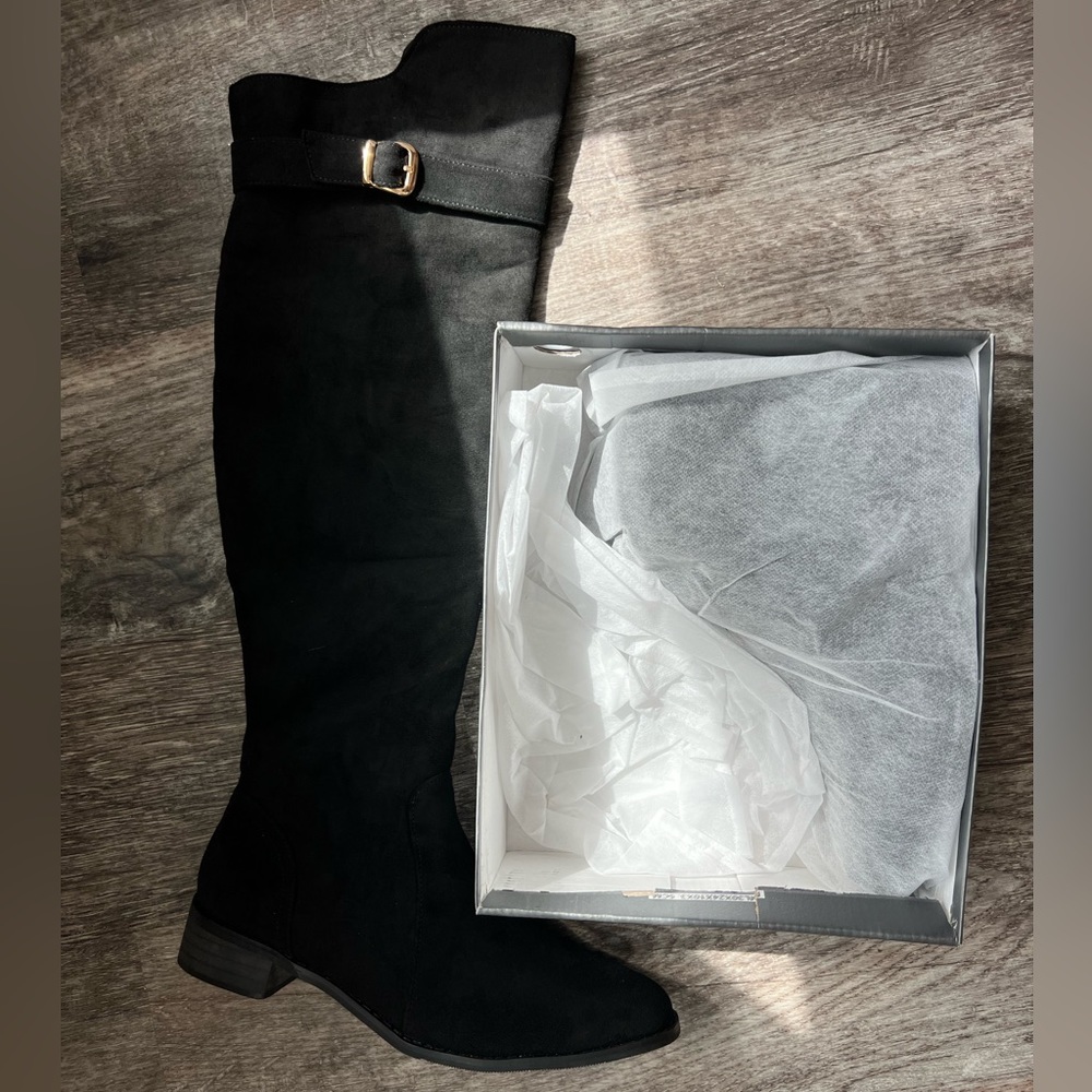 NWT Black faux suede gold buckle knee high riding boots